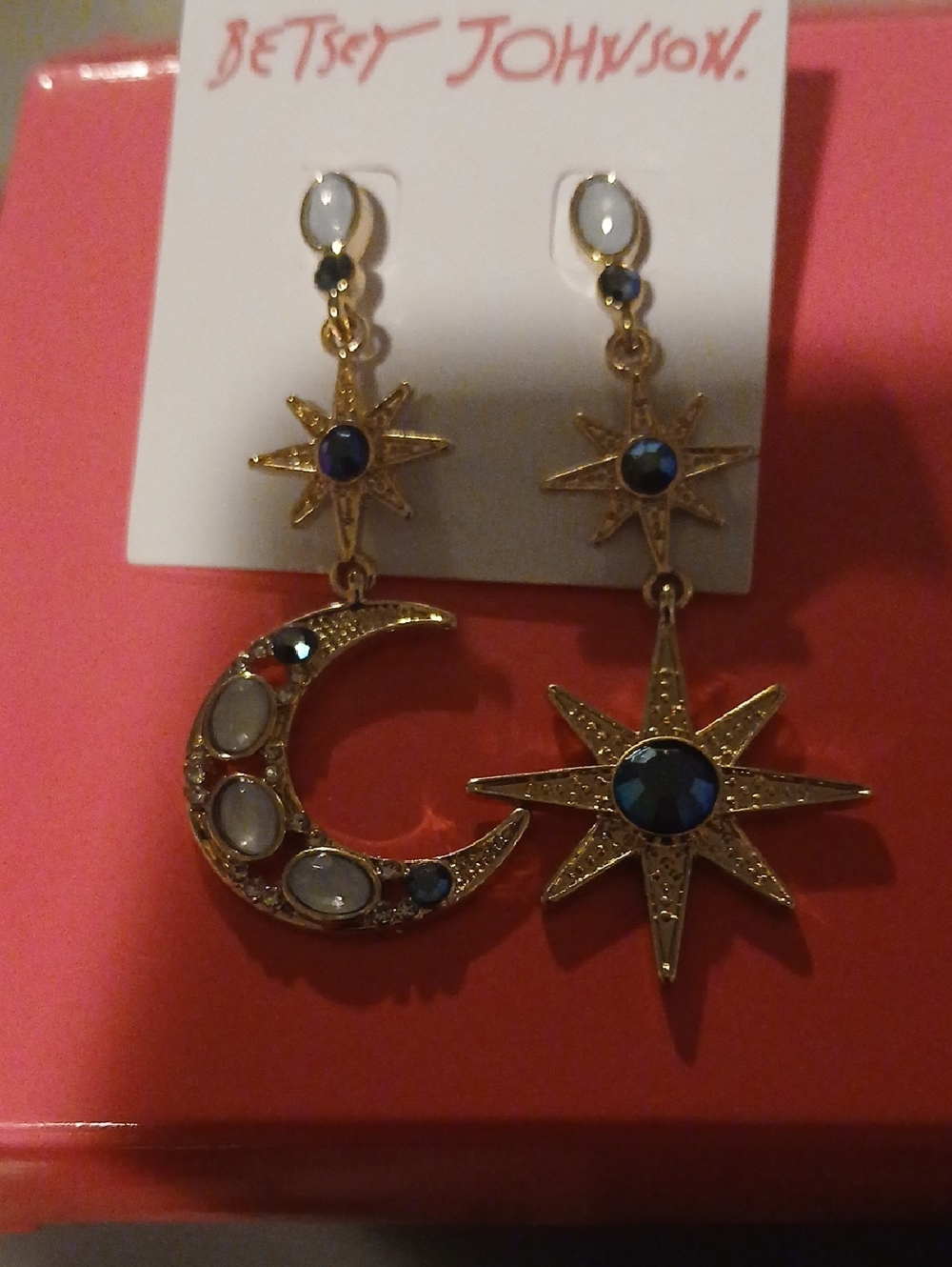 Betsey Johnson Gold-tone Moon and Star Drop Earrings with Blue and White Accents
